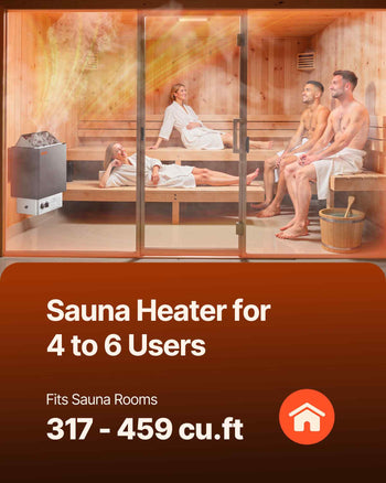 Modern sauna heater for 4-6 users, sleek black design, fits rooms 317-459 cu. ft., perfect for relaxation.
