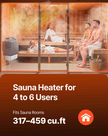 Sauna heater for 4-6 users, sleek black design, fits rooms 317-459 cu. ft., ideal for relaxation and wellness.