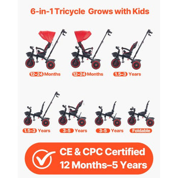 Toddler Tricycle & Stroller for 1-5 Year Old, 6-in-1 Kids Trike with Parent Push Handle, Canopy, Adjustable Seat and Storage, Tricycle for Toddlers, Birthday Toy for Boys and Girls, Red/Black