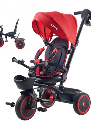 Toddler Tricycle & Stroller for 1-5 Year Old, 6-in-1 Kids Trike with Parent Push Handle, Canopy, Adjustable Seat and Storage, Tricycle for Toddlers, Birthday Toy for Boys and Girls, Red/Black