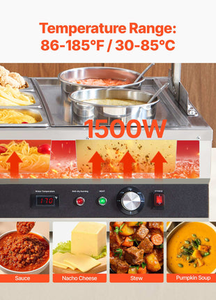 Electric Soup Warmer, Two 6.34QT Pots & Six 1/3 Pans, Stainless Steel Commercial Food Warmer with 86~185°F Adjustable Temp, 1500W Bain Marie with Cover, Soup Station for Restaurant, Buffet