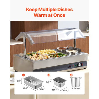 Electric Soup Warmer, Two 6.34QT Pots & Four 1/2 Pans, Stainless Steel Commercial Food Warmer with 86~185°F Adjustable Temp, 1500W Bain Marie with Cover, Soup Station for Restaurant, Buffet