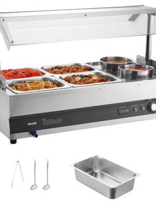 Electric Soup Warmer, Two 6.34QT Pots & Four 1/2 Pans, Stainless Steel Commercial Food Warmer with 86~185°F Adjustable Temp, 1500W Bain Marie with Cover, Soup Station for Restaurant, Buffet