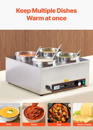 Electric Soup Warmer, Four 6.34QT Stainless Steel Round Pot with 86~185°F Adjustable Temp, 1500W Commercial Bain Marie with Anti-dry Burn and Reset Button, Soup Station for Restaurant, Buffet