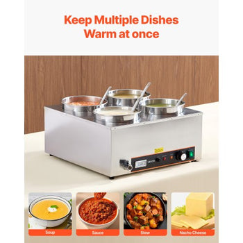 Electric Soup Warmer, Four 6.34QT Stainless Steel Round Pot with 86~185°F Adjustable Temp, 1500W Commercial Bain Marie with Anti-dry Burn and Reset Button, Soup Station for Restaurant, Buffet