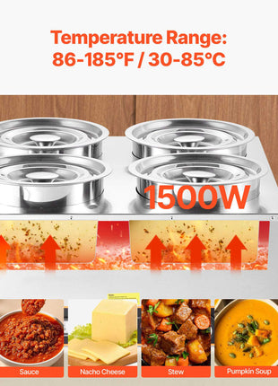 Electric Soup Warmer, Four 6.34QT Stainless Steel Round Pot with 86~185°F Adjustable Temp, 1500W Commercial Bain Marie with Anti-dry Burn and Reset Button, Soup Station for Restaurant, Buffet