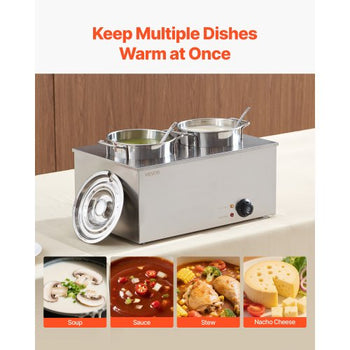 Electric Soup Warmer, Two 6.34QT Stainless Steel Round Pot with 86~185°F Adjustable Temp, 1200W Commercial Bain Marie Compatible with Pans, Soup Station for Restaurant, Buffet