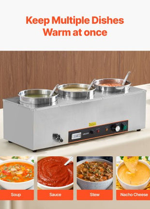 Electric Soup Warmer, Three 6.34QT Stainless Steel Round Pot with 86~185°F Adjustable Temp, 1500W Commercial Bain Marie with Anti-dry Burn and Reset Button, Soup Station for Restaurant, Buffet