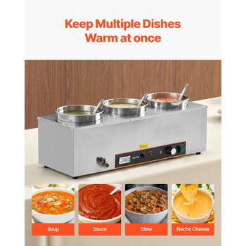 Electric Soup Warmer, Three 6.34QT Stainless Steel Round Pot with 86~185°F Adjustable Temp, 1500W Commercial Bain Marie with Anti-dry Burn and Reset Button, Soup Station for Restaurant, Buffet
