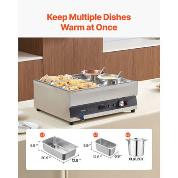 Electric Soup Warmer, Two 6.34QT Pots & Three 1/3 Pans, Stainless Steel Commercial Food Warmer with 86~185°F Adjustable Temp, 1500W Bain Marie, Soup Station for Restaurant, Buffet