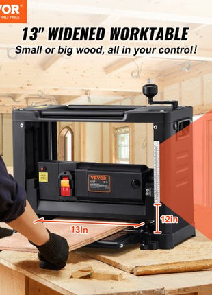Thickness Planer, Single Speed, 13" Width Worktable Benchtop Planer, Two-Blade, 15-Amp 2000W Powerful Motor, 12" Extended Infeeding Table, Low Noise for both hard & soft wood material removal
