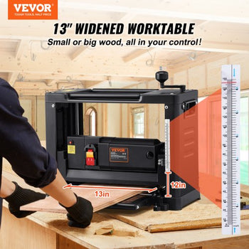 Thickness Planer, Single Speed, 13" Width Worktable Benchtop Planer, Two-Blade, 15-Amp 2000W Powerful Motor, 12" Extended Infeeding Table, Low Noise for both hard & soft wood material removal