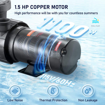 Swimming Pool Pump 1.5HP 115V 1100W, Single Speed Pumps for Above Ground, Powerful Pool Pumps with Strainer Filter Basket, 5280 GPH Max. Flow, Certification of ETL for Security