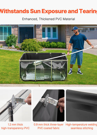 Canvas Fish Pond, 270 Gal Above Ground Fish Pond, PVC Koi Tank with Clear Viewing Panel, Rectangular Goldfish Tank with Stainless Steel Frame & Drain Valve, for Breeding Koi, Irrigation(Black)