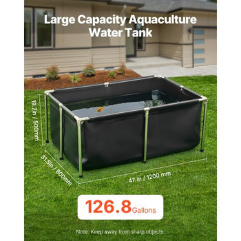 Canvas Fish Pond, 126.8 Gal Above Ground Fish Pond, Foldable PVC Koi Tank, Rectangular Goldfish Tank with Stable Frame and Drain Valve, for Aquaculture, Koi Breeding, and Irrigation (Black)