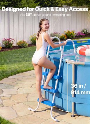 Above Ground Pool Ladder, 3-Step Steel A-Frame Swimming Pool Stairs for 36 in High Wall, 300 lbs Capacity Entry/Exit Steps with Secure Non-Slip Sturdy Wide Step, Easy Setup, White & Blue