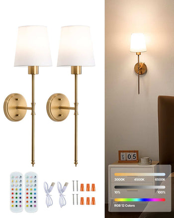 Battery Operated Wall Sconce Set of 2, 4000mAh Rechargeable Wireless Wall Lights with Remote Control, 30 Lighting Modes, 12 RGB Colors & Timer, Dimmable Wall Lamp for Living Room Bedroom Hallway