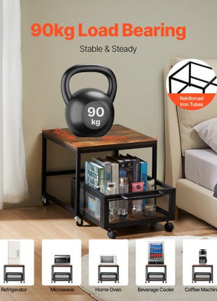 Mini Fridge Stand with Storage, 198 lbs Mini Fridge Table with Movable Storage Cart & Swivel Wheels, Beverage Refrigerator Stand for Coffee Bar, Mini Fridge Organizer for Home Dorm, Light Brown