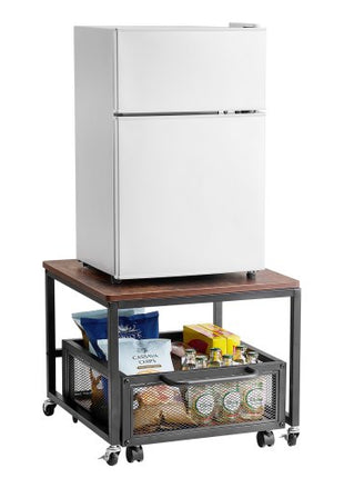 Mini Fridge Stand with Storage, 198 lbs Mini Fridge Table with Movable Storage Cart & Swivel Wheels, Beverage Refrigerator Stand for Coffee Bar, Mini Fridge Organizer for Home Dorm, Dark Brown