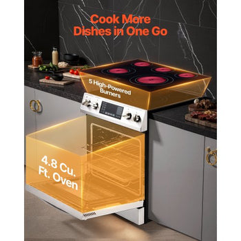 30 in Electric Range Oven, 4.8 Cu. Ft. Capacity Compact Freestanding Oven, Stainless Steel Kitchen Stove, with 5 Burners, Timer, Self-Cleaning, Easy Reach Racks, Storage Drawer(No Power Cord)
