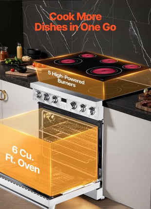 36 in Electric Range Oven, 6.0 Cu. Ft. Capacity Compact Freestanding Oven, Stainless Steel Kitchen Stove, with 5 Burners, Digital Screen Button Control, Easy Reach Racks for RV(No Power Cord)