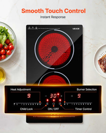 Electric Cooktop 12inch 2 Burners Portable Stove Top 1800W 120V, Ceramic Countertop/Built-in Radiant Electric Stove, with 9 Power Levels, Timer, Child Lock, Over-Heat Guard, Touch Control