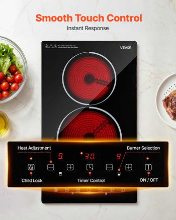 Electric Cooktop 12inch 2 Burners Stove Top 3000W 220V No Plug, Ceramic Built-in Radiant Electric Stove, with 9 Power Levels, Timer, Child Lock, Over-Heat Guard, Touch Control