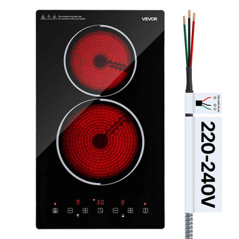 Electric Cooktop 12inch 2 Burners Stove Top 3000W 220V No Plug, Ceramic Built-in Radiant Electric Stove, with 9 Power Levels, Timer, Child Lock, Over-Heat Guard, Touch Control