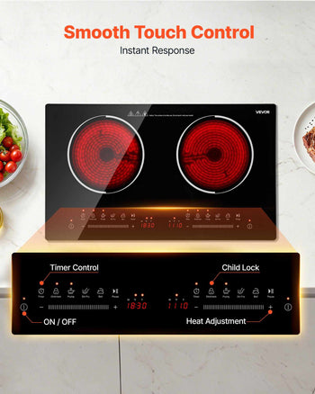 Electric Cooktop 24inch 2 Burners Portable Stove Top 1800W 120V, Ceramic Countertop/Built-in Radiant Electric Stove , with 9 Power Levels, Timer, Child Lock, Over-Heat Guard, Touch Control
