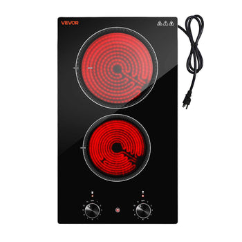 Electric Cooktop 12in 2 Burners Portable Stove Top 1800W 120V Plug In, Ceramic Countertop/Built-in Radiant Electric Stove , with 11 Power Levels, Over-Heat Guard, Knob Control