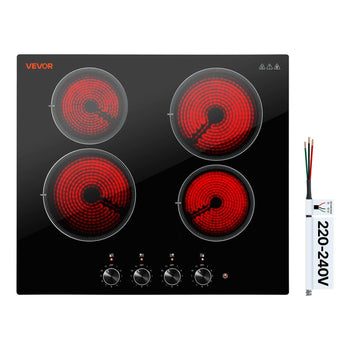 Electric Cooktop 24inch 4 Burners Stove Top 6000W 220V No Plug, Ceramic Built-in Radiant Electric Stove , with 11 Power Levels, Over-Heat Guard, Knob Control, for Diverse Cooking Requirements