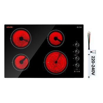 Electric Cooktop 30inch 4 Burners Stove Top 6700W 220V No Plug, Ceramic Built-in Radiant Electric Stove , with 11 Power Levels, Timer, Child Lock, Over-Heat Guard, Knob/Touch Control