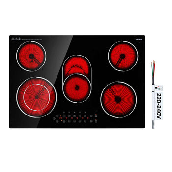 Electric Cooktop 30inch 5 Burners Stove Top 8900W 220V No Plug, Ceramic Built-in Radiant Electric Stove , with 9 Power Levels, Timer, Child Lock, Over-Heat Guard, Touch Control
