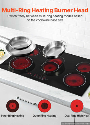 Electric Cooktop 36inch 5 Burners Stove Top 8900W 220V No Plug, Ceramic Built-in Radiant Electric Stove , with 9 Power Levels, Timer, Child Lock, Over-Heat Guard, Touch Control