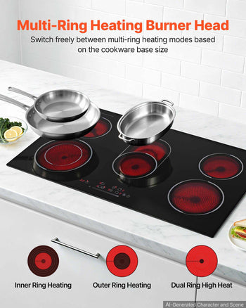 Electric Cooktop 36inch 5 Burners Stove Top 8900W 220V No Plug, Ceramic Built-in Radiant Electric Stove , with 9 Power Levels, Timer, Child Lock, Over-Heat Guard, Touch Control