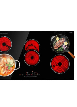 Electric Cooktop 36inch 5 Burners Stove Top 8900W 220V No Plug, Ceramic Built-in Radiant Electric Stove , with 9 Power Levels, Timer, Child Lock, Over-Heat Guard, Touch Control