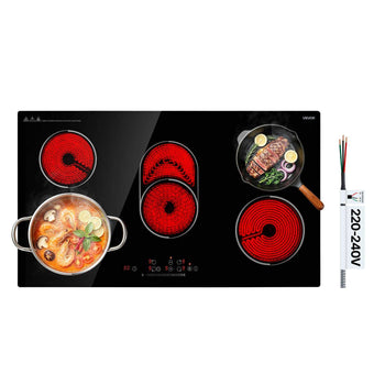 Electric Cooktop 36inch 5 Burners Stove Top 8900W 220V No Plug, Ceramic Built-in Radiant Electric Stove , with 9 Power Levels, Timer, Child Lock, Over-Heat Guard, Touch Control
