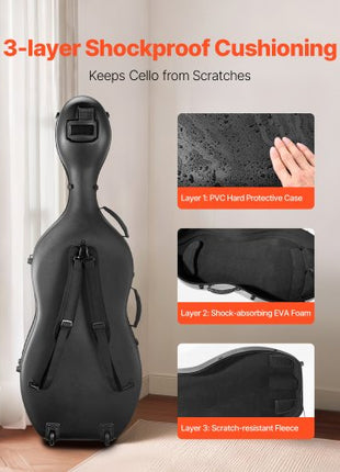 4/4 Full Size Cello Case, Composite Carbon Fiber, Lightweight Portable Travel Carrying Bag, with Plush Lining, Dual Shoulder Straps, Anti-Scratch, Professional Cello-Shape, for Cello, Black