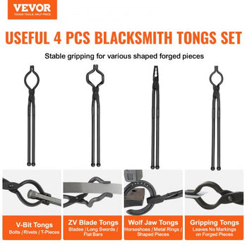 Blacksmith Tongs, 18 4 PCS, V-Bit Bolt Tongs, Wolf Jaw Tongs, Z V-Bit Tongs and Gripping Tongs, Carbon Steel Forge Tongs with A3 Steel Rivets, for Beginner and Seasoned Blacksmiths, Bladesmiths