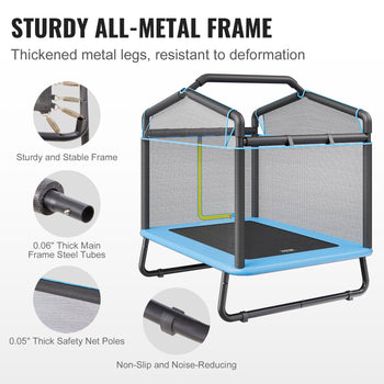 Sturdy all-metal frame trampoline with thick black legs, blue accents, and durable safety net for enhanced stability.