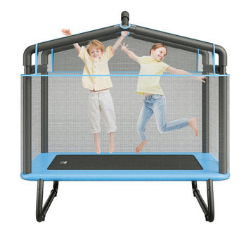 Kids jumping on a blue and black trampoline with a safety enclosure, featuring a playful house-shaped design.