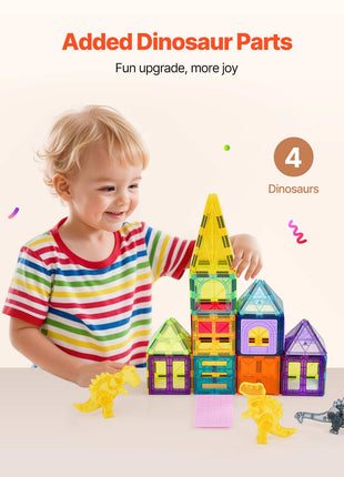 Magnetic Tiles, 56 PCS Magnetic Animals Building Blocks for Kids, Magnet Building Set with 4 Dinosaurs, STEM Sensory Educational Construction Stacking Toys Gift for Toddlers Boys Girls Aged 3+