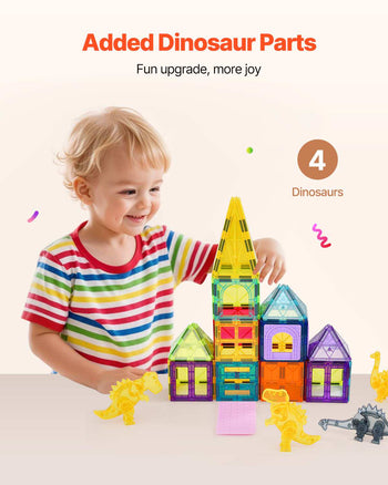 Magnetic Tiles, 56 PCS Magnetic Animals Building Blocks for Kids, Magnet Building Set with 4 Dinosaurs, STEM Sensory Educational Construction Stacking Toys Gift for Toddlers Boys Girls Aged 3+