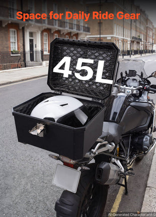 Motorcycle Top Case 45L Universal Waterproof ABS Motorcycle Tail Case, Detachable Motorbike Top Box with Security Lock & Leather Liner for Luggage Storage