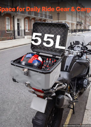 Motorcycle Top Case 55L Universal Aluminum Hard Motorcycle Tail Case, Waterproof Detachable Motorbike Top Box with Security Lock & Leather Liner for Luggage Storage