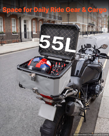 Motorcycle Top Case 55L Universal Aluminum Hard Motorcycle Tail Case, Waterproof Detachable Motorbike Top Box with Security Lock & Leather Liner for Luggage Storage