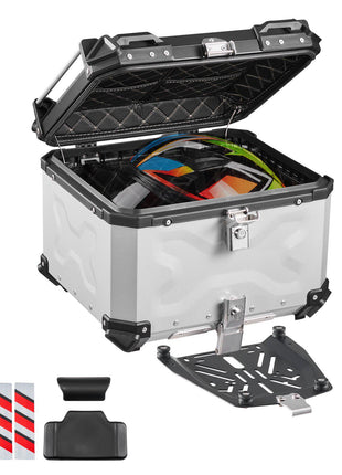 Motorcycle Top Case 55L Universal Aluminum Hard Motorcycle Tail Case, Waterproof Detachable Motorbike Top Box with Security Lock & Leather Liner for Luggage Storage