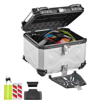 Motorcycle Top Case 55L Universal Aluminum Hard Motorcycle Tail Case, Waterproof Detachable Motorbike Top Box with Security Lock & Leather Liner for Luggage Storage
