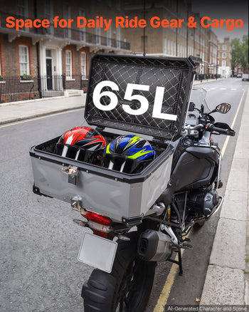 Motorcycle Top Case, 65L Universal Aluminum Hard Motorcycle Tail Case, Waterproof Detachable Motorbike Top Box with Security Lock & Leather Liner for Helmets Storage