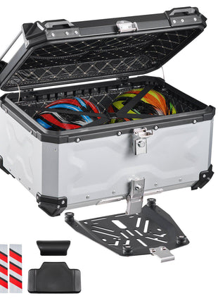 Motorcycle Top Case, 65L Universal Aluminum Hard Motorcycle Tail Case, Waterproof Detachable Motorbike Top Box with Security Lock & Leather Liner for Helmets Storage